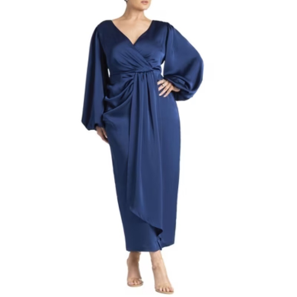 Eloquii Satin Puff Sleeve Pleated Dress Women’s 18 Blue Maxi Elegant Event Chic